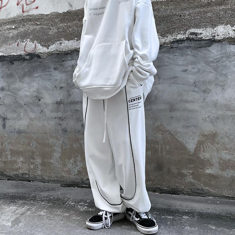 日系ins线条设计感小众白色卫裤男潮牌宽松百搭街头嘻哈束脚长裤