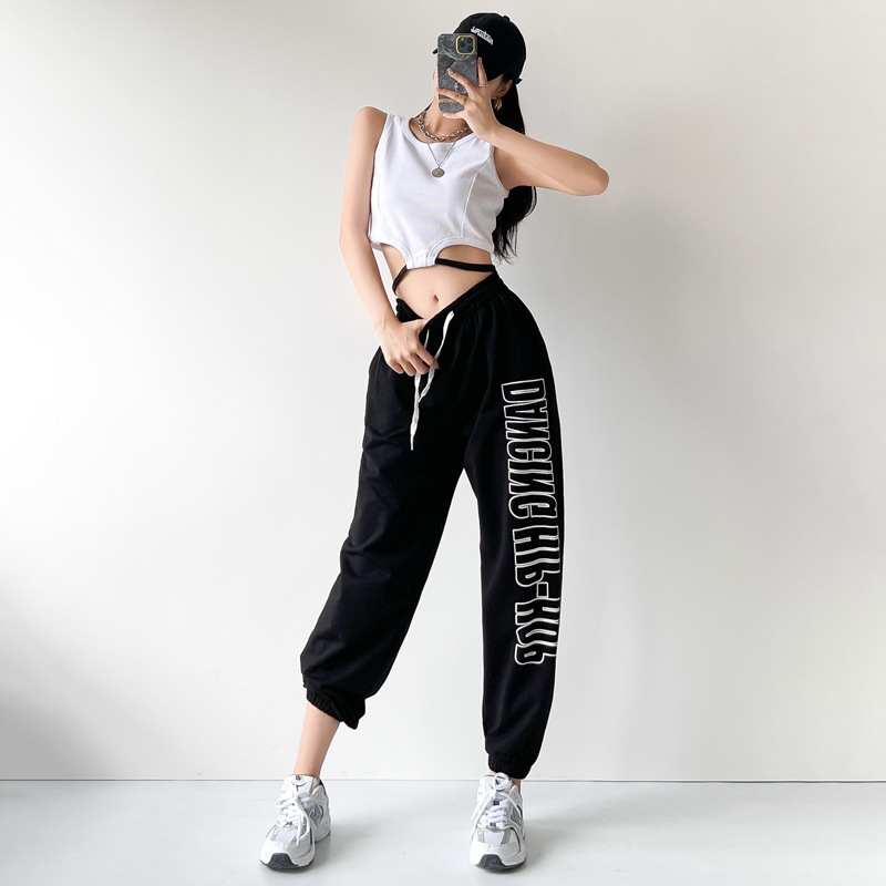 露脐短款背心上衣+宽松薄款休闲字母跳舞卫裤