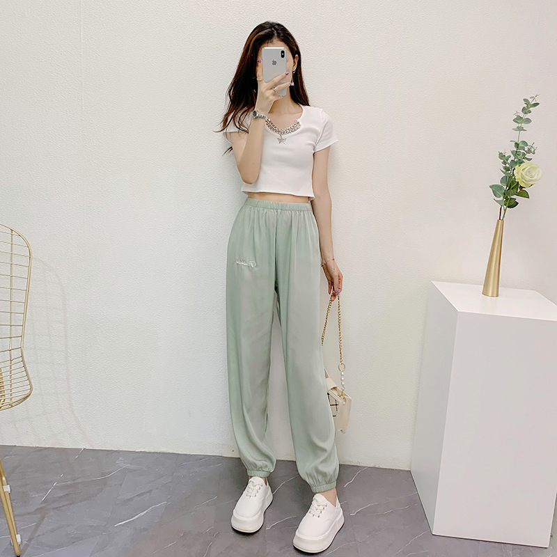 运动裤女夏季薄款冰丝速干九分灯笼卫裤宽松束脚防蚊裤休闲凉凉裤