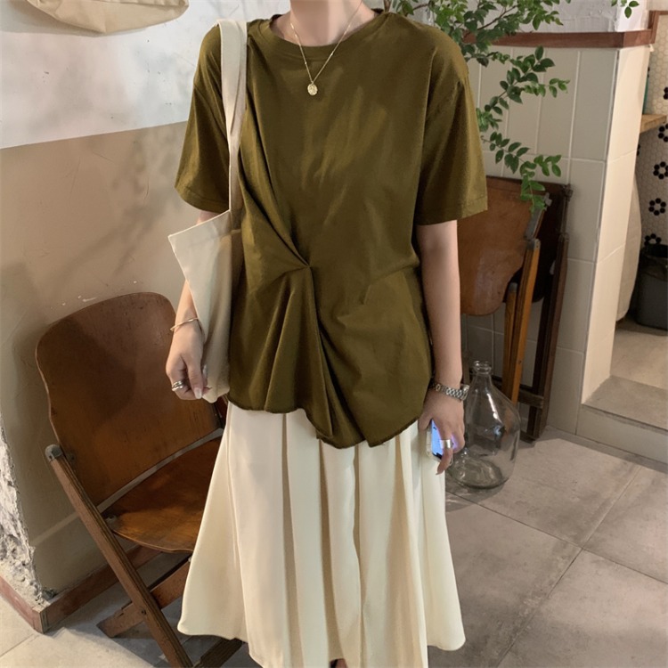 实拍新款设计感不规则T恤女+优雅百褶高腰显瘦半身裙女装衣服