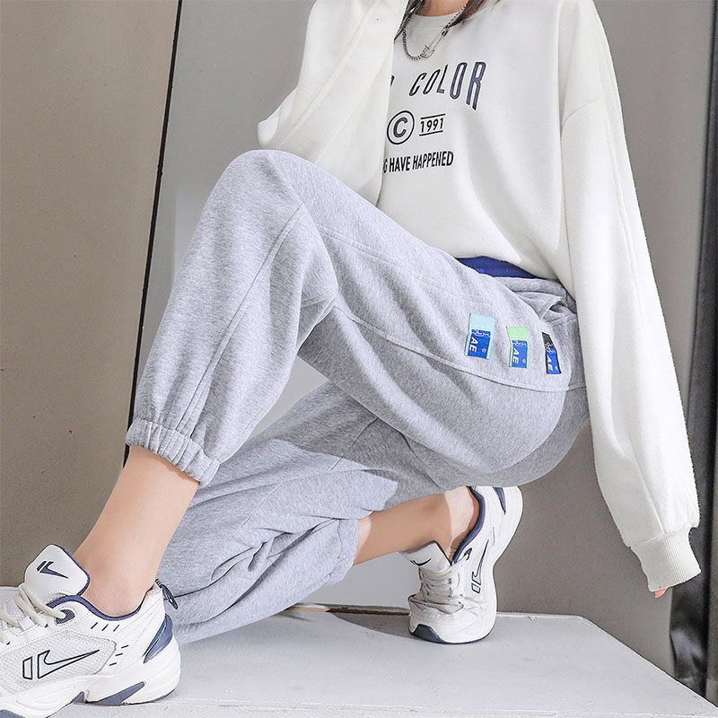 2021秋冬灰色运动休闲裤女棉质宽松显瘦束脚哈伦裤 抽绳卫裤 薄款