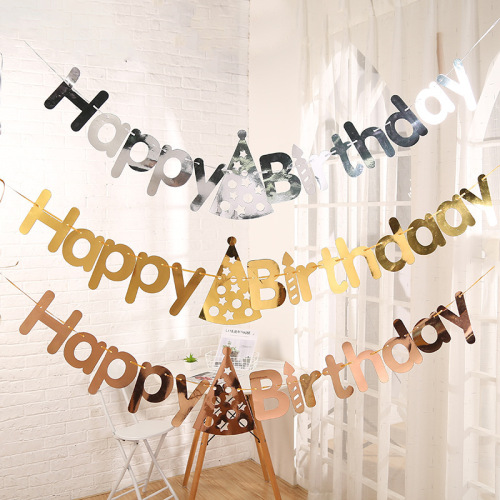 Hot Gold and Silver Birthday Hat Hanging Flag Baby Full-Year Happy Birthday Letter Latte Art Banner Layout Supplies