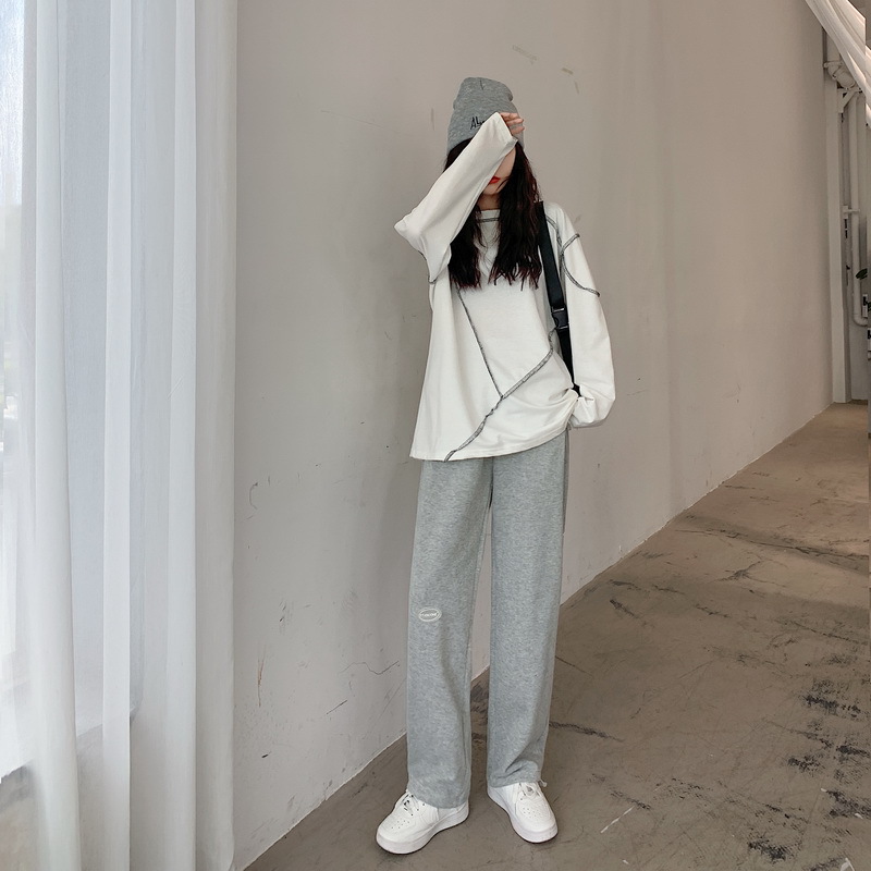 灰色运动裤女早季新款2021新款宽松束脚高腰直筒阔腿休闲两穿卫裤