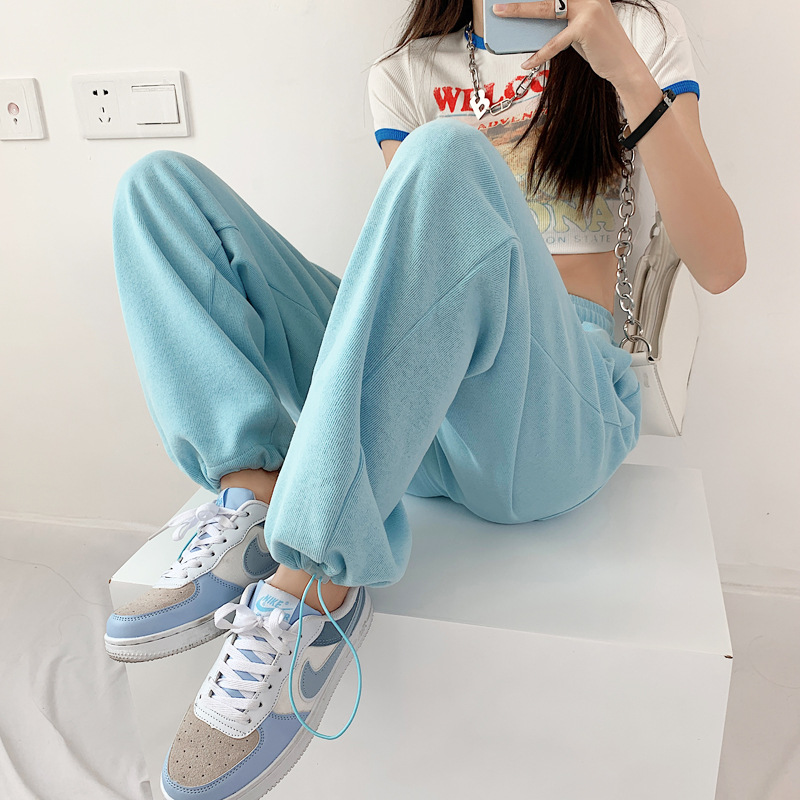 女装早秋baby蓝薄款运动裤女高腰宽松抽绳束脚裤休闲直筒卫裤ins