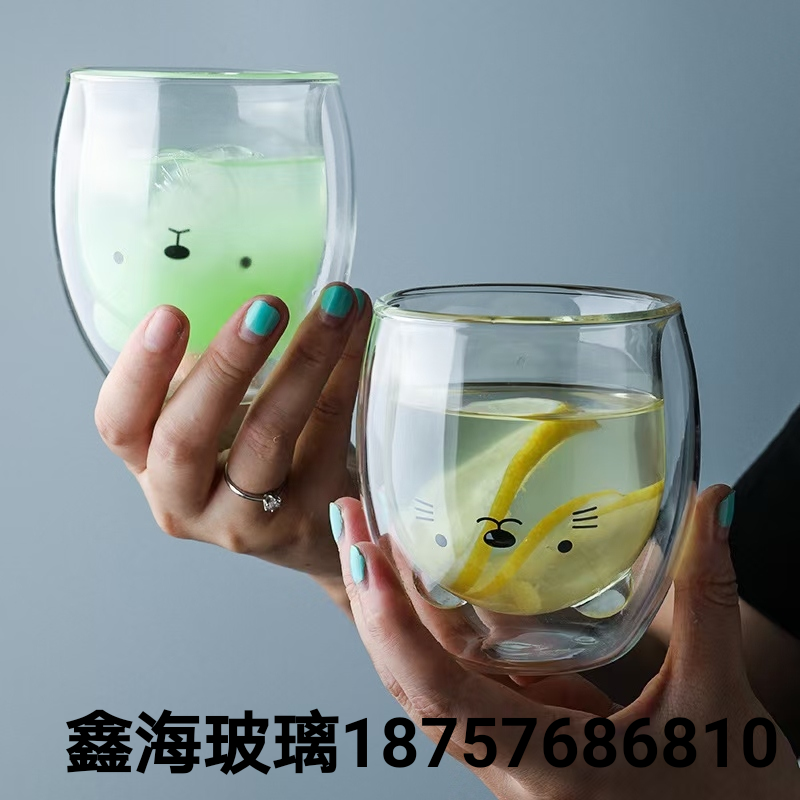 双层玻璃杯卡通杯 高硼硅玻璃耐热水杯 卡通小熊可爱玻璃杯猫爪杯