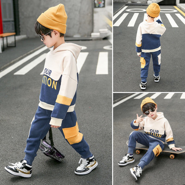 秋冬儿童时尚连帽卫衣套装男童女童加绒卫衣两件套中大童加厚保暖