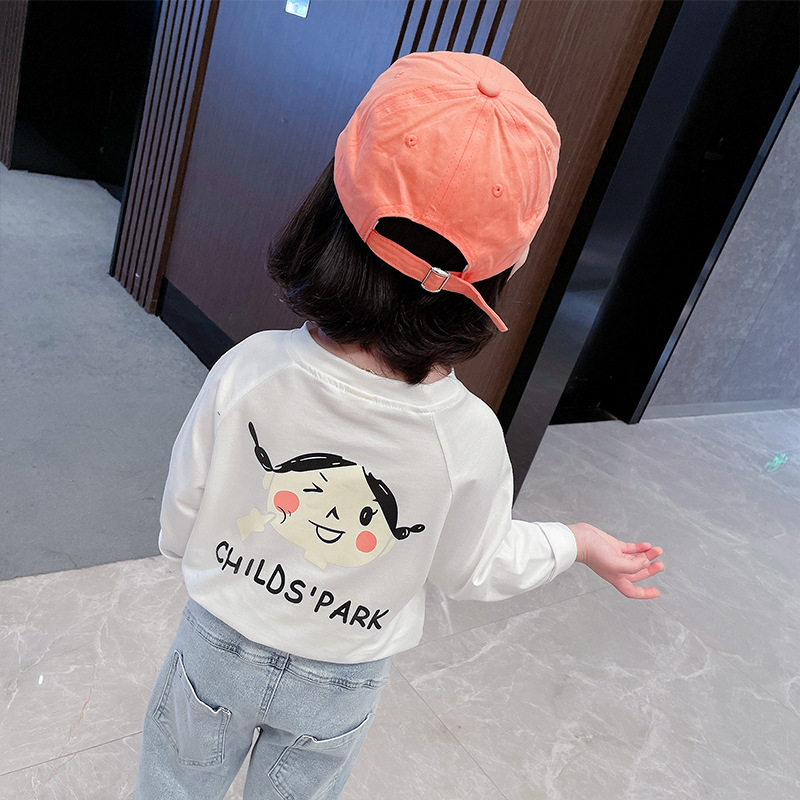 女童秋装长袖t恤2021春秋新款女宝宝洋气卡通上衣儿童白色打底衫