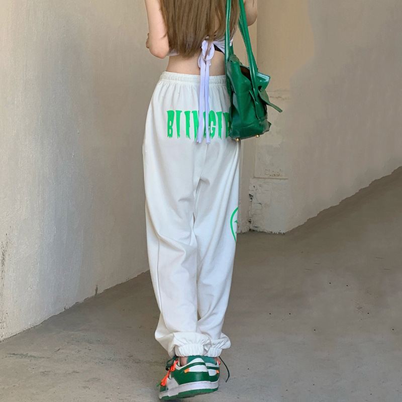 松紧腰绑带运动休闲束脚卫裤女夏季薄款高腰宽松长裤阔腿白色裤子