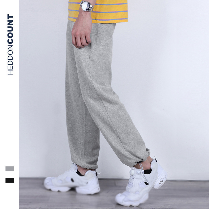 登爵男装日系男女卫裤 2021秋季黑色男士休闲长裤 纯色束脚运动裤