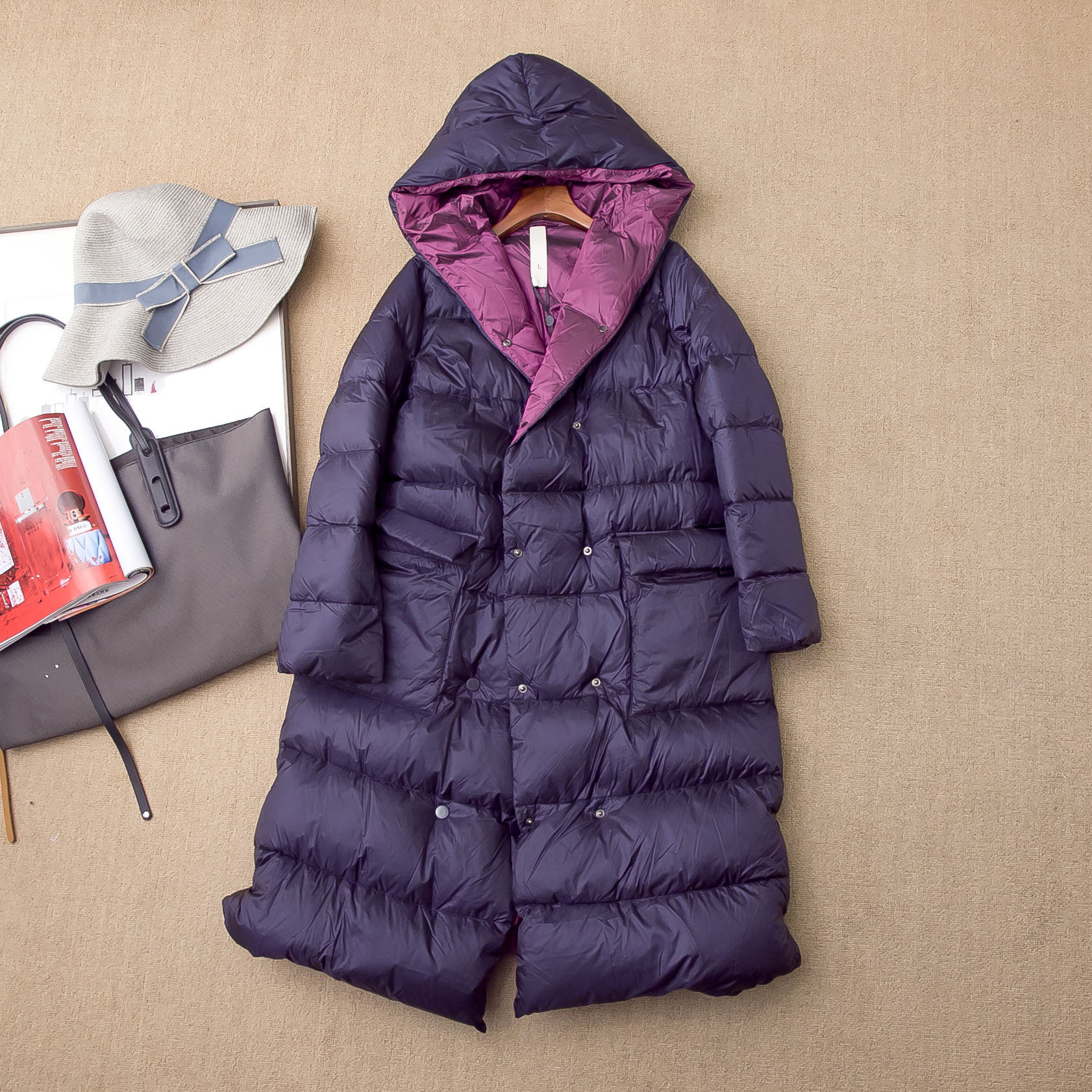 轻软暖 加厚保暖90白鸭绒 OL时尚欧美 长款连帽羽绒服大衣外套 女