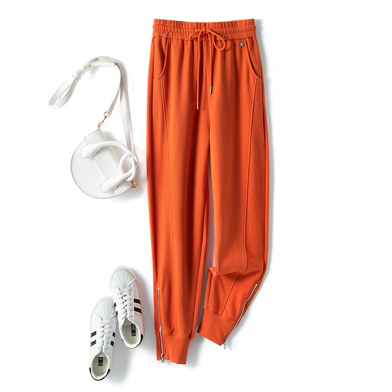 2021春秋天新款收脚拉链开叉百搭抽绳卫裤休闲萝卜裤全棉小脚裤子