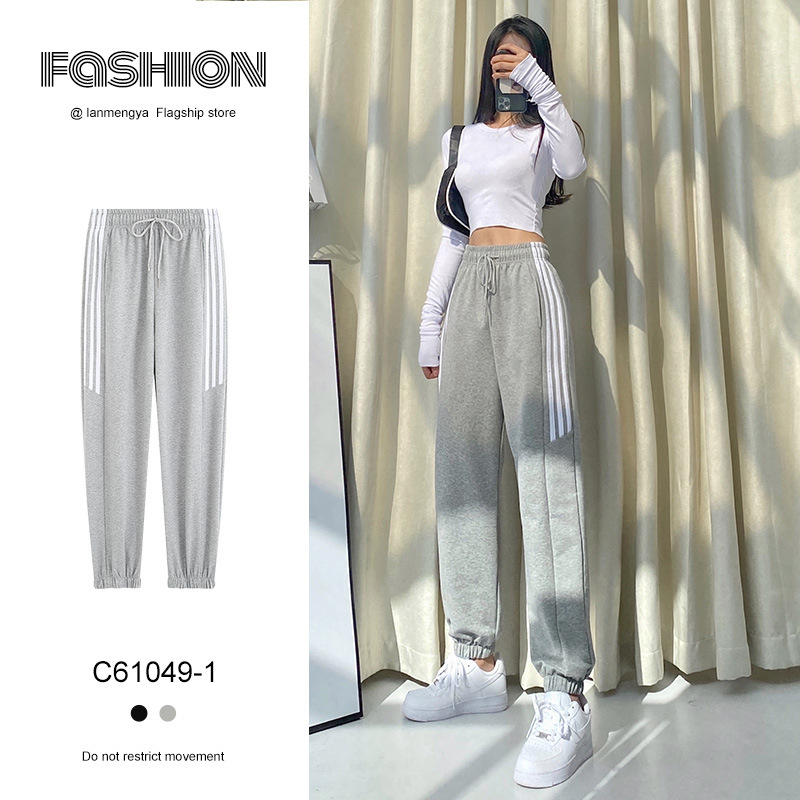 夏秋季运动裤女韩版高腰宽松直筒束脚显瘦灰色休闲学生九分卫裤潮