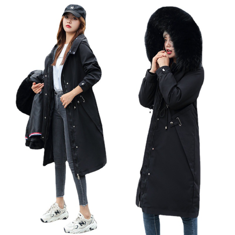 2021冬季新款派克羽绒棉服加厚加绒外套一衣二穿长款宽松棉衣毛领