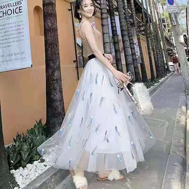 2021夏长款A字大摆网纱半身裙过膝刺绣碎花仙女蕾丝网纱连衣长裙