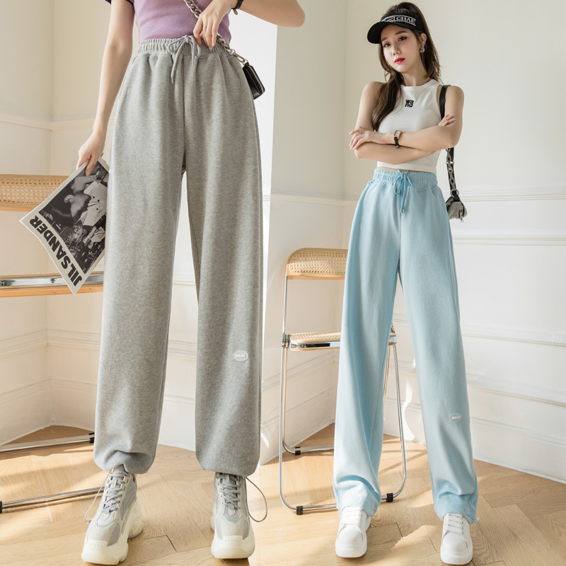 2021春夏系带宽松抽绳束脚裤女字母贴标松紧高腰垂感运动直筒卫裤