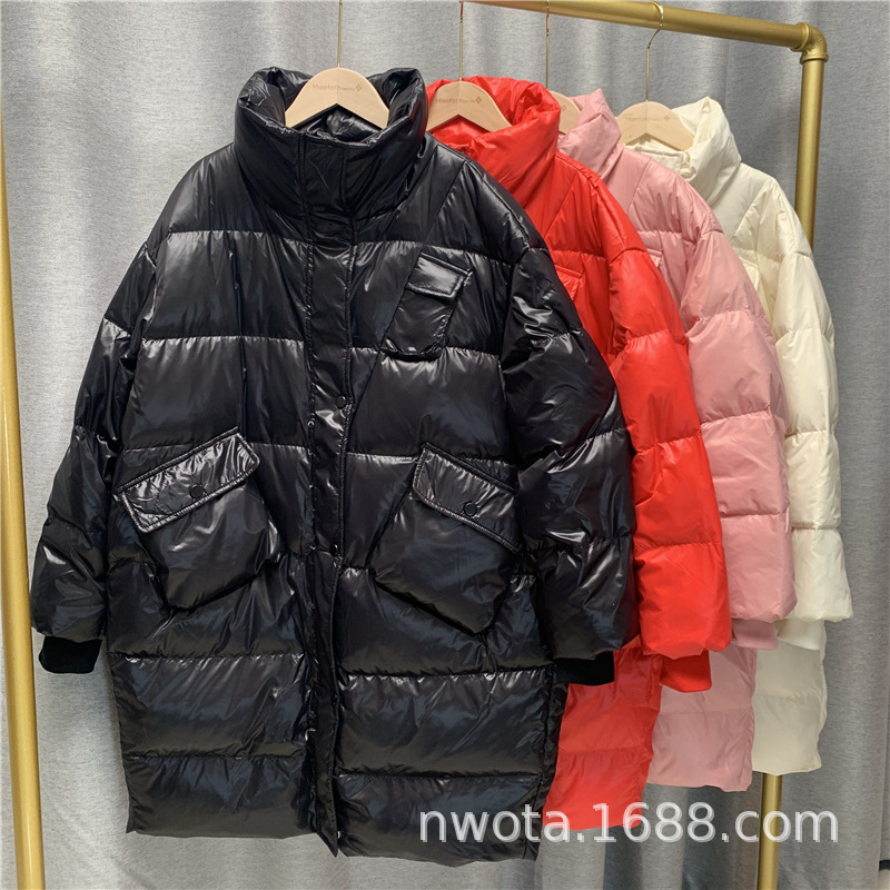 2021冬韩版过膝羽绒服女冬加厚长款白鸭绒宽松立领斜口袋保暖外套