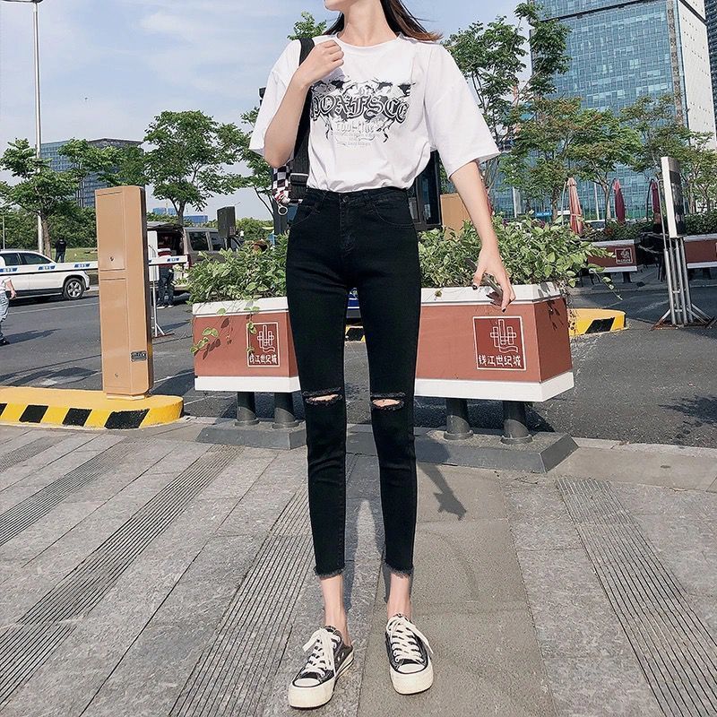 八九分矮小个子破洞牛仔裤女春夏秋季新款百搭紧身显瘦韩版小脚裤