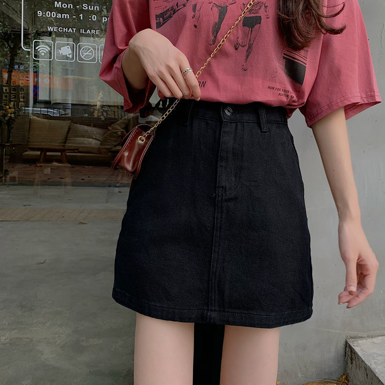 高腰牛仔短裙女2021春夏新款a字裙显瘦百搭大码黑色包臀半身裙子
