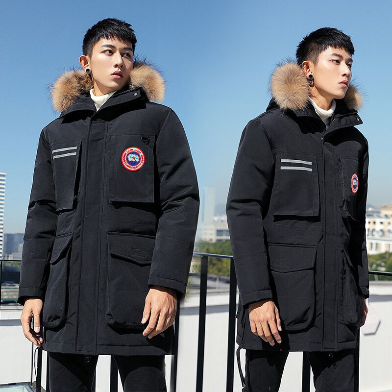 快手新款大鹅假毛领男士羽绒服韩版青年中长款羽绒服加厚冬装外潮