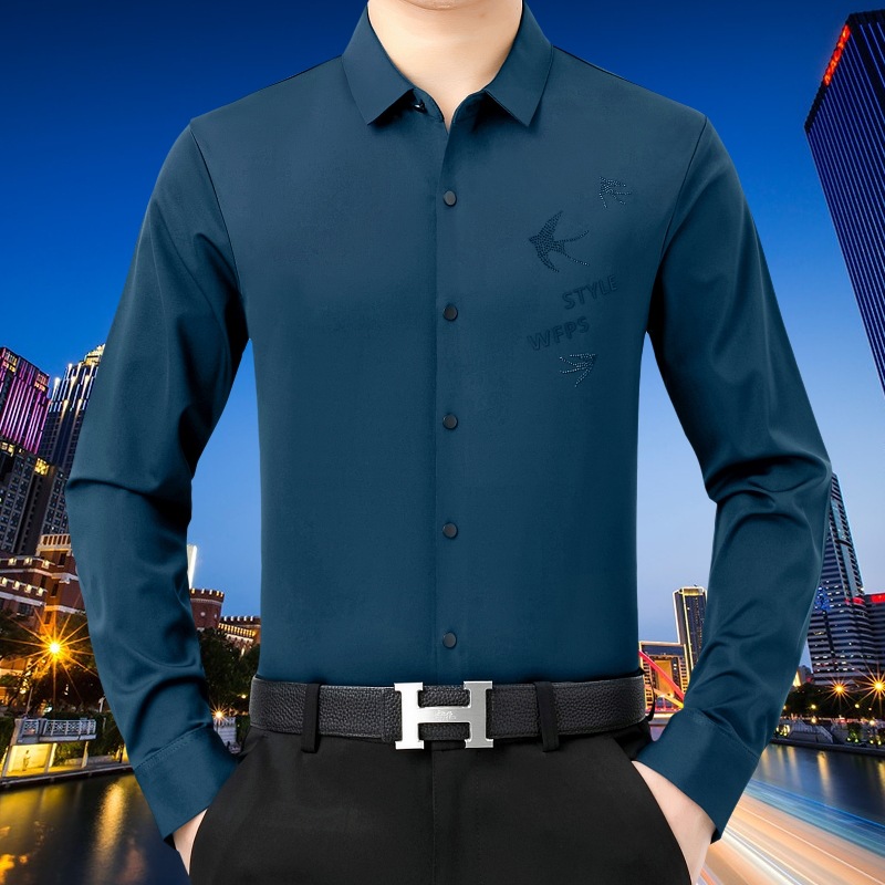 批发高档桑蚕丝衬衣男长袖免烫2021秋季新款休闲寸衣中年男士衬衫