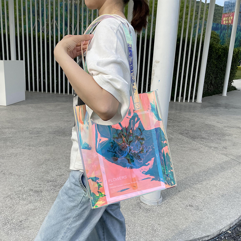 批发直销彩色镭射手提袋炫彩塑料单肩礼品袋logo网红广告活动展会