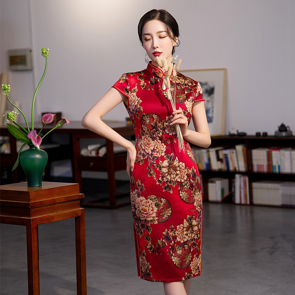 女装2021春夏新款中长妈妈装水滴牡丹领大码旗袍改良民族风连衣裙