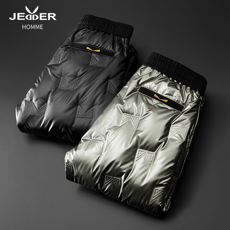 亮面羽绒裤男外穿加厚东北御寒户外男士羽绒棉裤小脚压胶鹅绒裤男