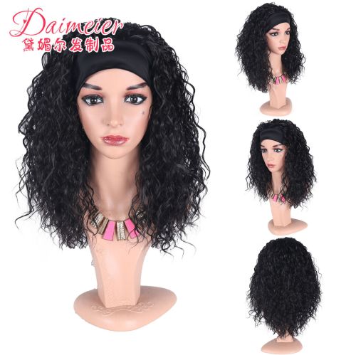 turban wig hair band european and american wig women‘s long curly hair corn perm xuchang chemical fiber wig hair band head cover