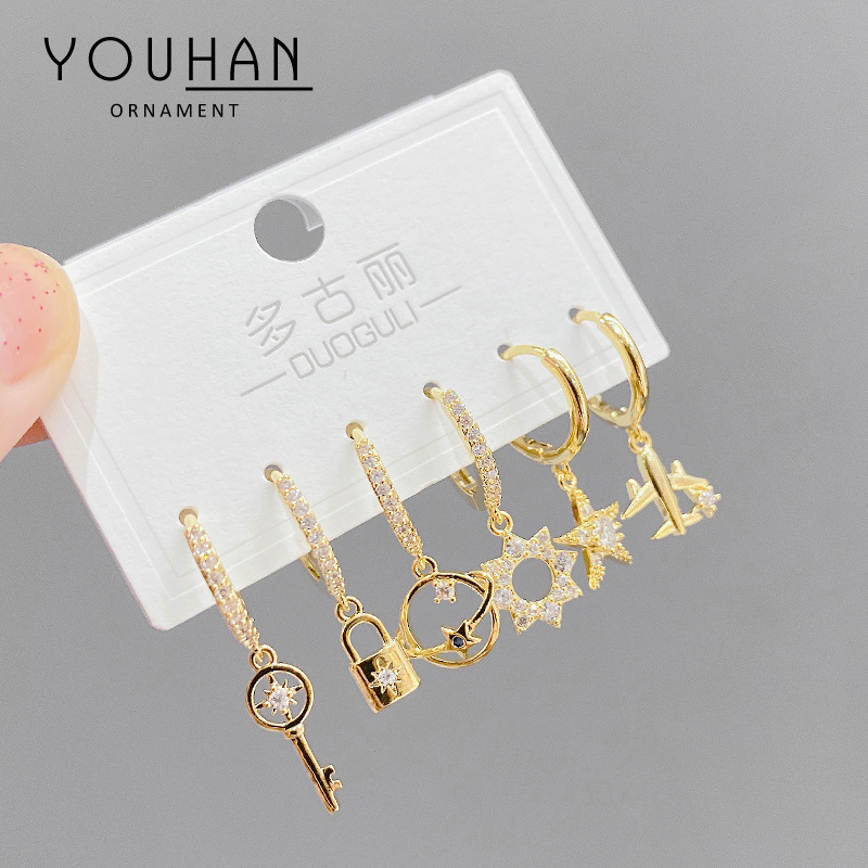 耳钉女韩版时尚耳坠一卡三对耳环套装环保电镀真金耳饰品源头工厂