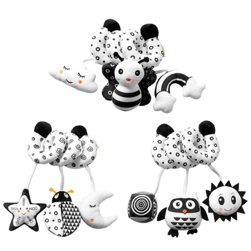 new arrival cartoon animal crib winding toys with ringing bell black and white bed winding series baby toys in stock