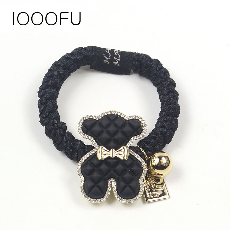 皮纹水钻时尚小熊发圈扎头发粗发绳韩国金属亮钻可爱熊坠百搭头绳