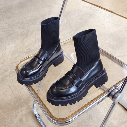 New Elastic Socks Boots Women‘s Shoes Boots British Style Leather Shoes Bright Leather Shoes