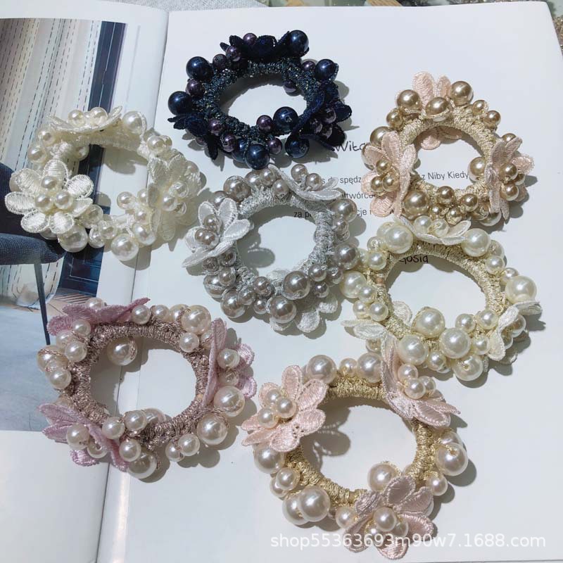 ins简约串珠花朵珍珠发圈韩版网红仙气皮筋发饰手工编织发绳头饰