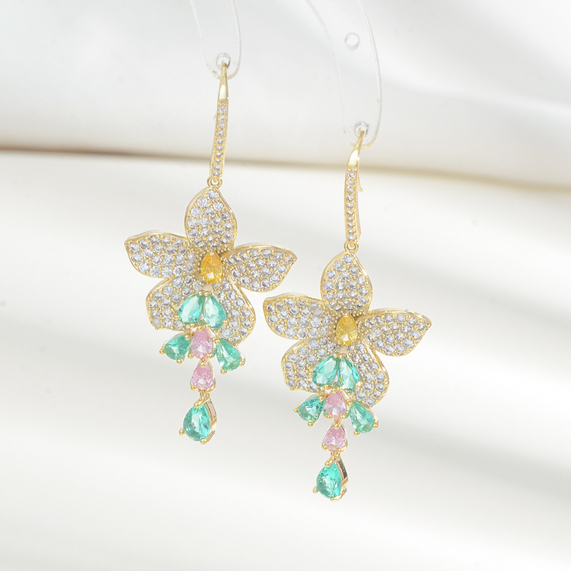 重工2021新款五朵花瓣满钻S925银针流苏耳坠高级感气质耳钉耳饰品