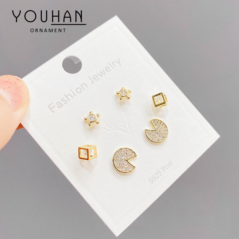 一卡三对组合套装时尚设计感个性三件套装耳钉s925银针锆石耳环女