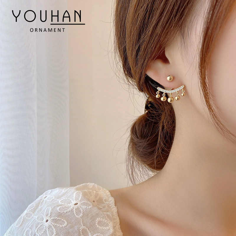 s925银针抖音同款耳钉女两戴可拆微镶锆石半圆形弯月金属球球耳环