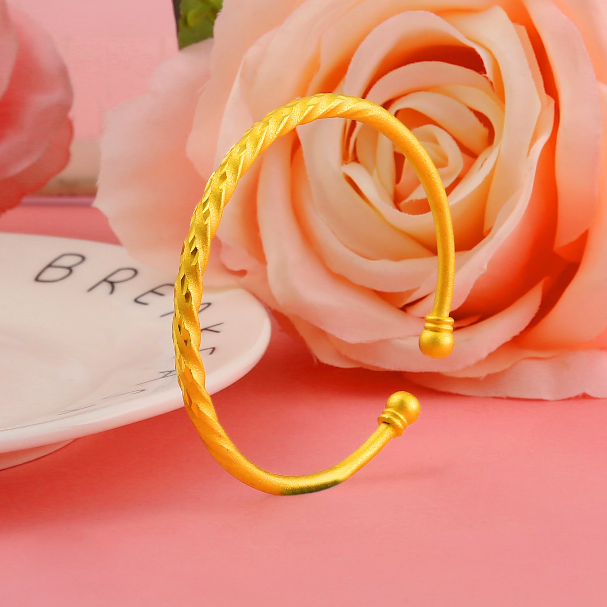 越南沙金女款双珠开口手镯黄铜精品镀真金流星雨扭丝麻花手环批发