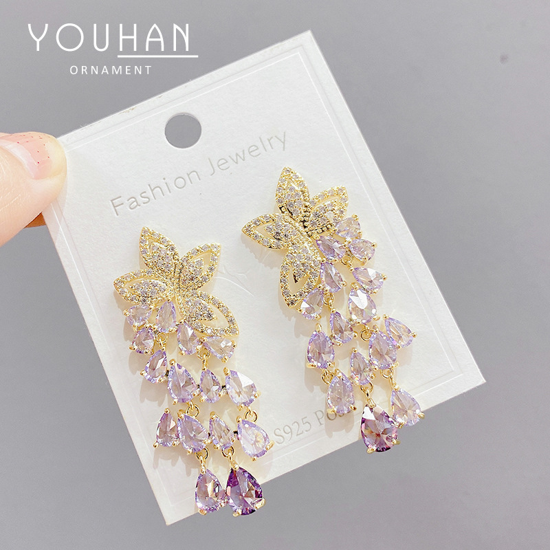 重工微镶彩色锆石S95银针长款流苏设计耳钉百搭仙女气质耳环耳饰