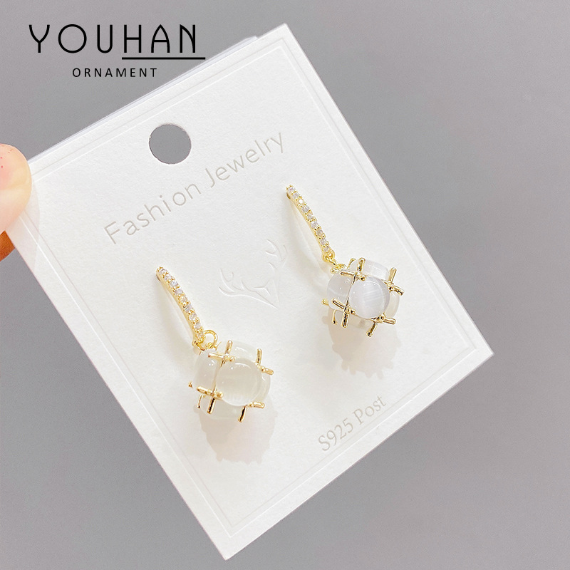 猫眼石耳环女2021年新款潮高级感耳坠耳饰S925银耳针耳钉夏季饰品