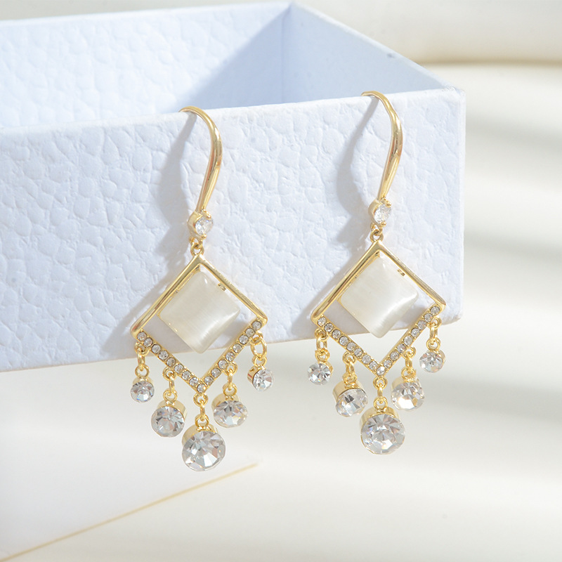 S925银针2021新款猫眼石耳钉女流苏耳环轻奢微锆石气质耳饰饰品潮