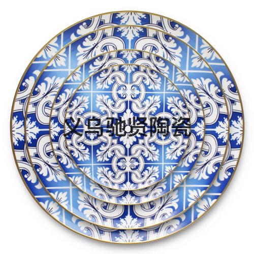 light luxury golden edge bone china western plate blue blue and blue ceramic plate swing plate