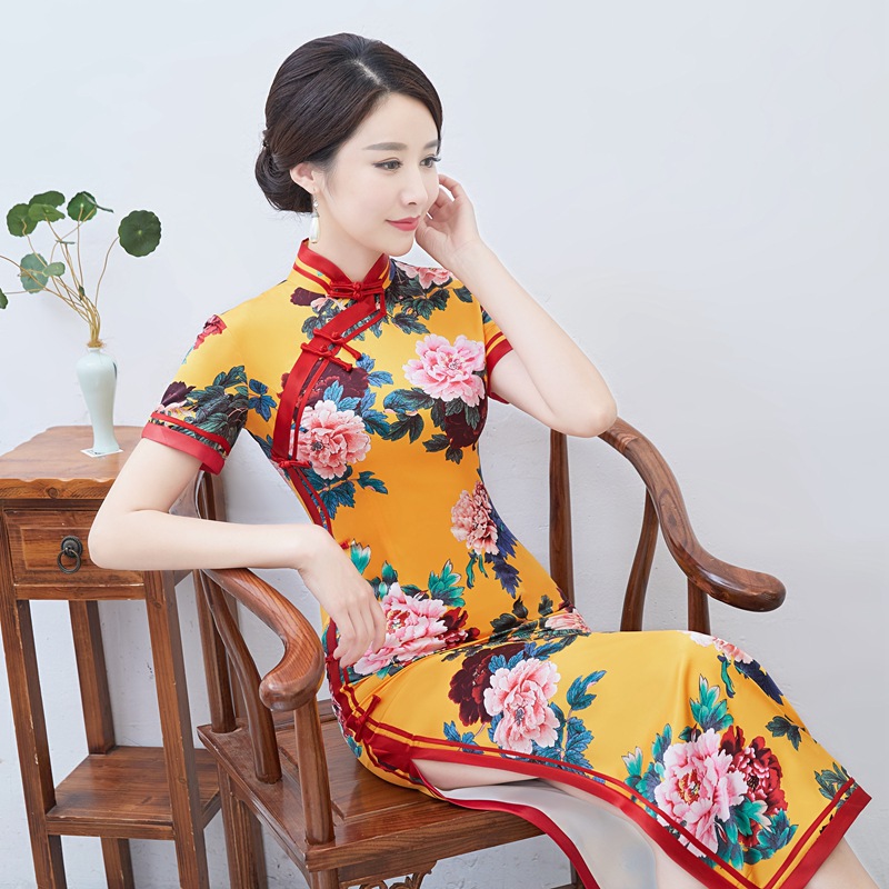 天好服饰女装春夏新款女复古修身改良气质优雅走秀长款旗袍演出服