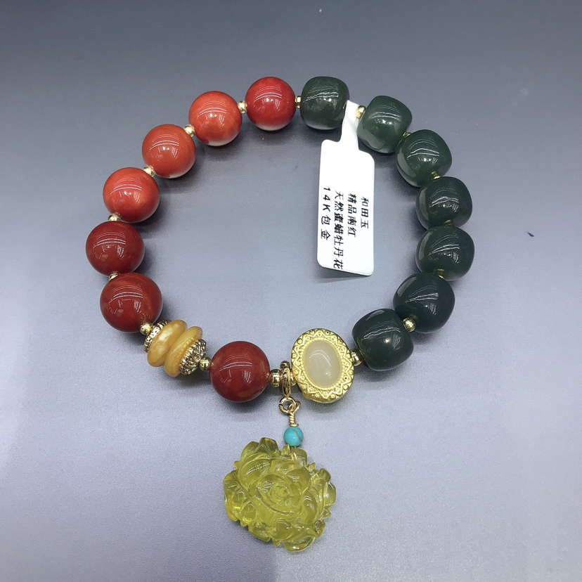 和田玉精品南红天然蜜蜡牡丹花大气高档手链气质女