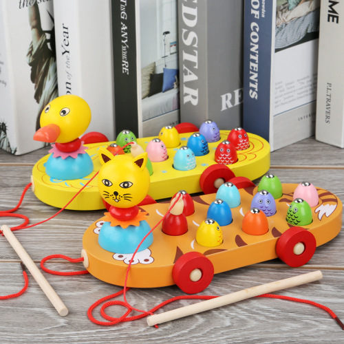 Wooden Children‘s Fishing Trailer Toy 3-6 Boys and Girls Training Hand-Eye Coordination Early Education Drag Car Game Building Blocks