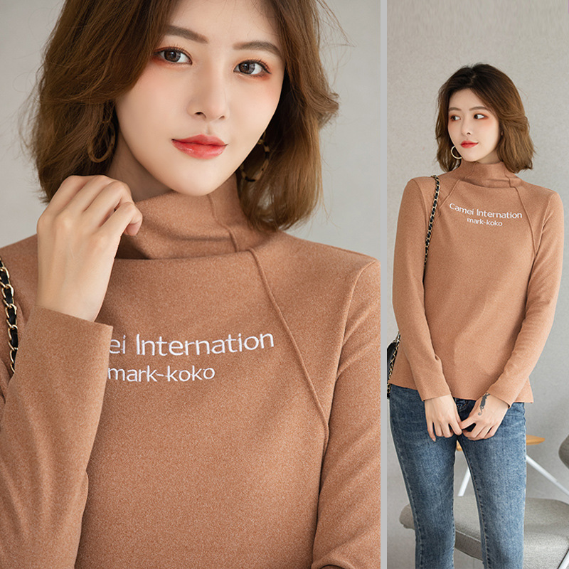 新款秋冬阳离子长袖打底衫女半高领德绒保暖上衣刺绣大码T恤批发