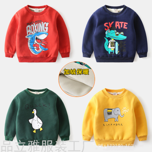 Cartoon Children‘s Sweater Fleece-Lined Spring and Autumn Children‘s round Neck Tripe Material Long-Sleeved Sweater Cheap Fair Stall Supply
