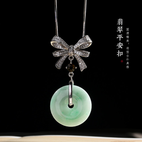 Natural Jade Safety Knot Pendant Zircon Inlaid S925 Silver Platinum-Plated Bow Emerald round Jade Pendant Necklace