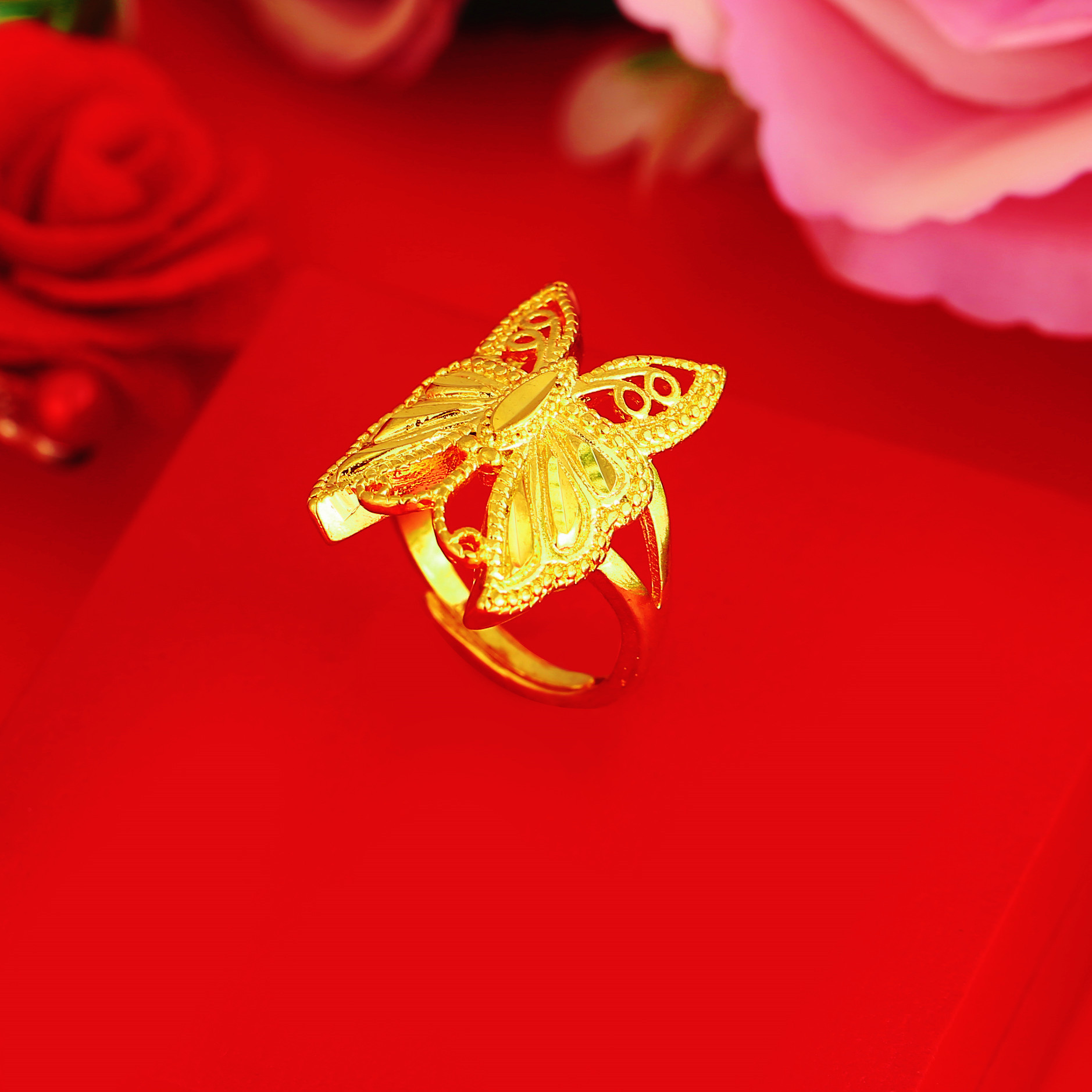 厂家直销越南沙金蝴蝶女士戒指时尚潮流镀真金开扣指环展会摆地摊