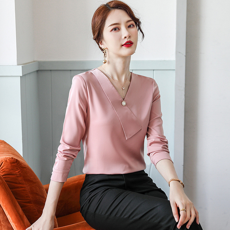 粉色时尚长袖衬衫2021秋冬款职业装女OL通勤韩版修身办公室工作服