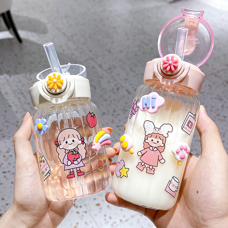 创意新款DIY贴纸玻璃水杯新工艺竖条便携吸管杯子耐高温手提水杯